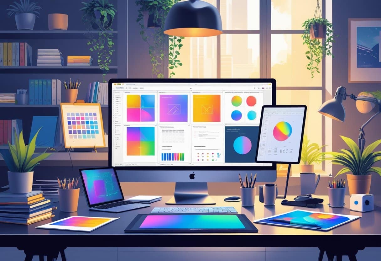 10 Art Director Resume Examples - May 2025: Modern Templates and Expert Tips 3 A modern creative workspace with a desk, digital devices showing design layouts, art supplies, and a stylish office background.