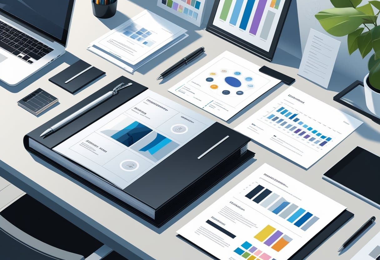 10 Art Director Resume Examples - May 2025: Modern Templates and Expert Tips 5 A tidy desk displaying an open portfolio, a cover letter, and various creative resources arranged neatly in a modern office setting.