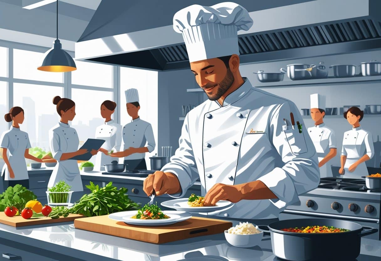 24 Chef Resume Examples & Guide for 2025: Templates, Expert Tips, and Writing Strategies 2 A chef in a commercial kitchen carefully plating food, surrounded by cooking tools, ingredients, and kitchen staff working together.