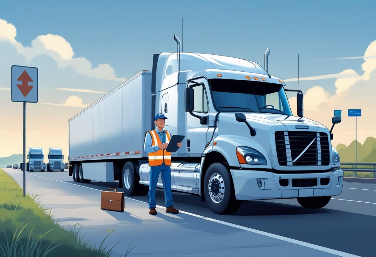 26 Truck Driver Resume Examples & Guide for 2025: Expert Tips for Landing Top Trucking Jobs 4 A truck driver standing by a large semi-truck at a highway rest stop, holding a clipboard and smartphone, with trucks and a signpost in the background.