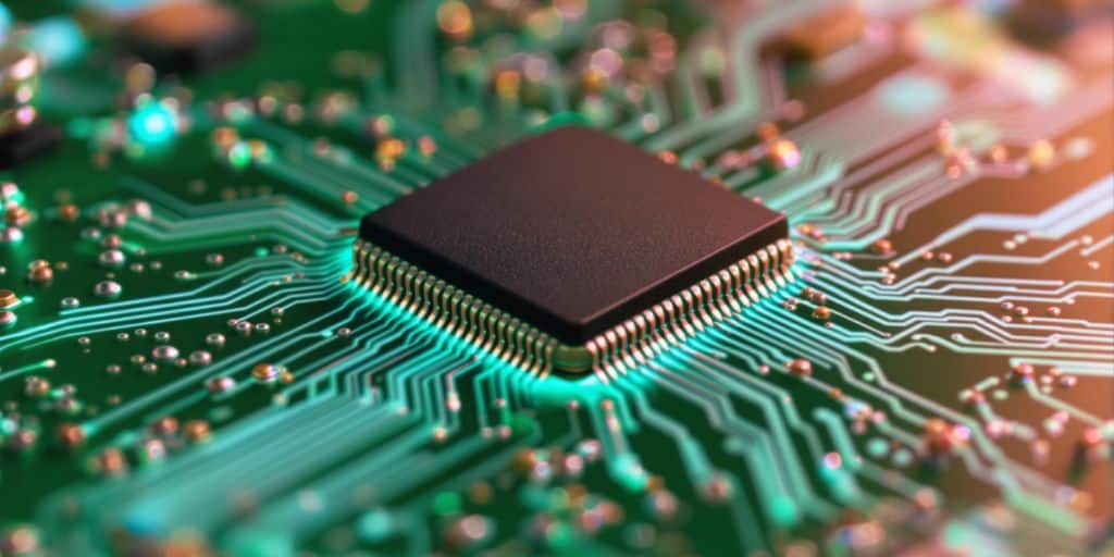 Microchip, circuit board, and glowing lines.