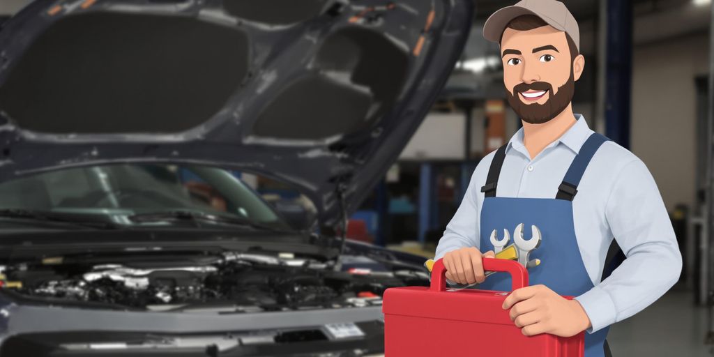 A mechanic with tools and a car.