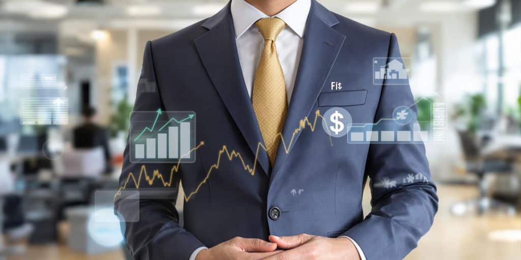 Professional standing confidently in a modern financial office.