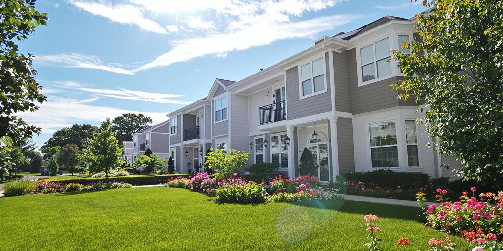 Modern residential buildings with green spaces.