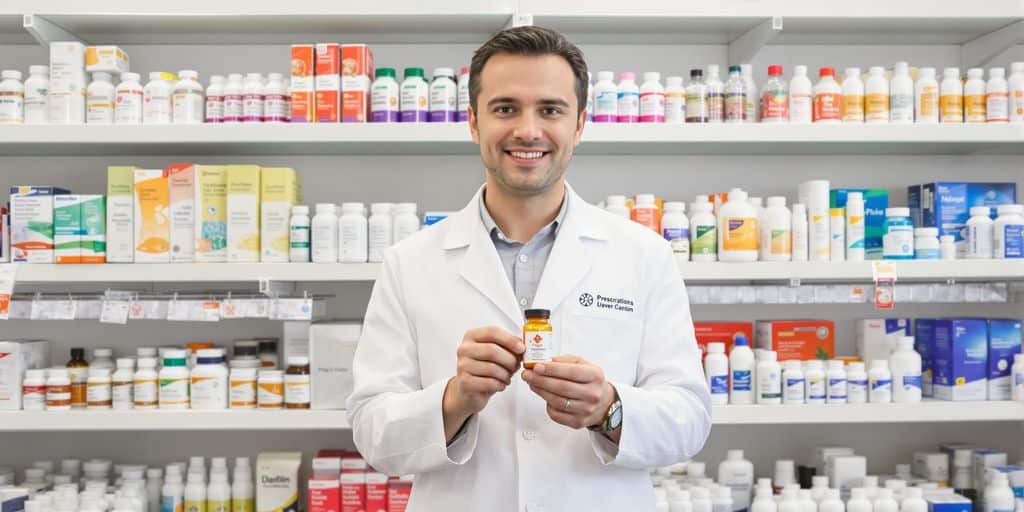 Pharmacist assisting customer, pharmacy backdrop.