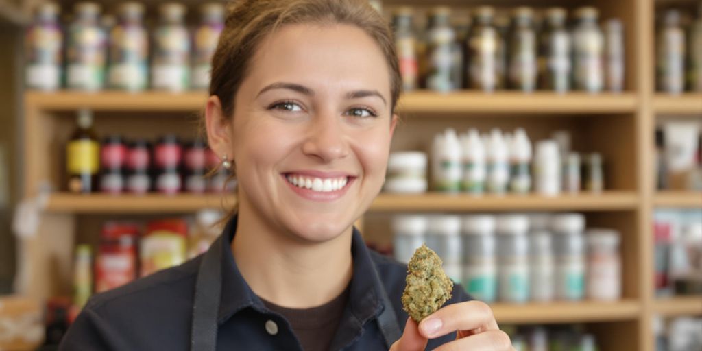 Budtender assisting customer, cannabis products.