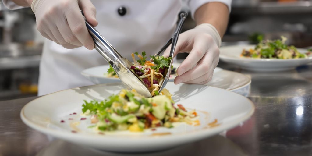 Chef's hands preparing food.