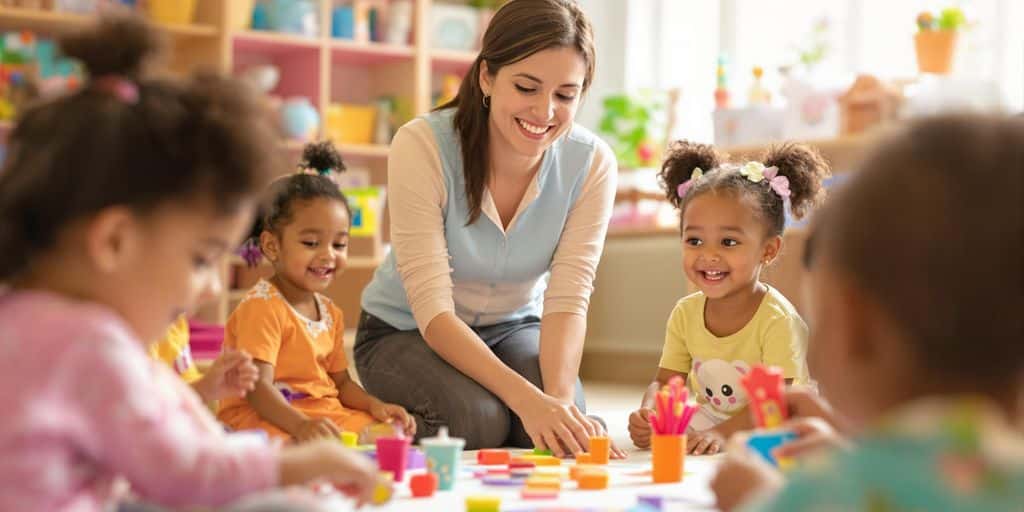 Preschool teacher interacting playfully with diverse young children.