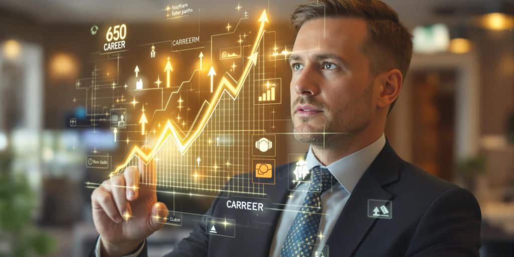 Professional manager observing digital career growth.