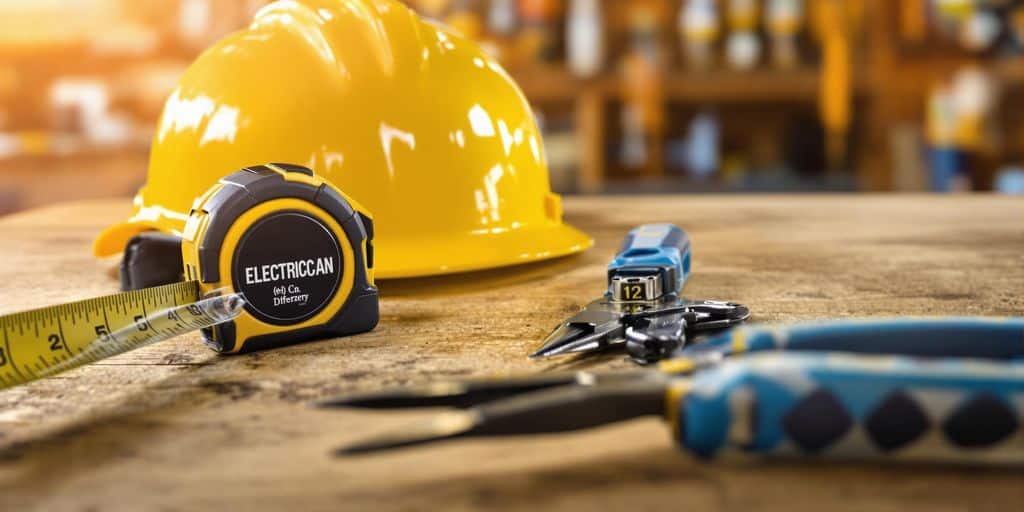 Electrician tools, hard hat, and blueprint on a workbench.