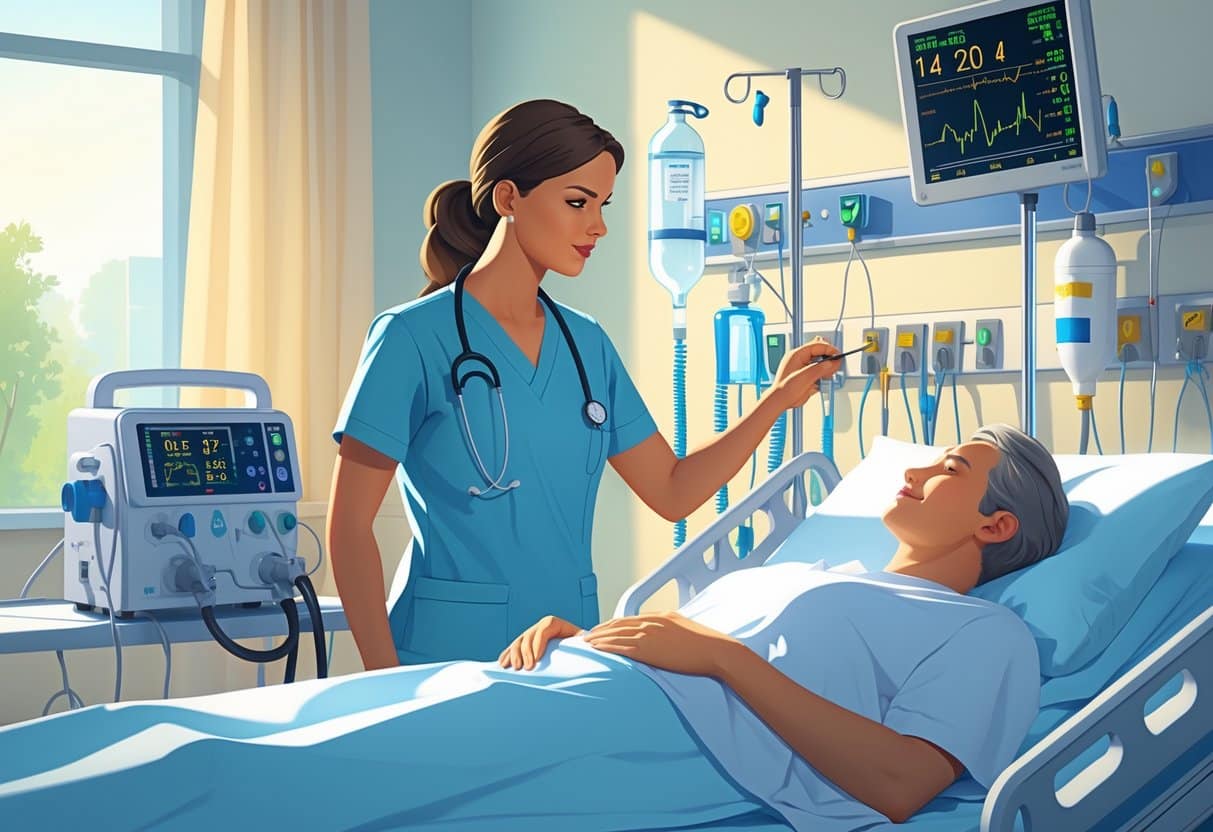 13 Respiratory Therapist Resume Examples & Guide for 2025 to Enhance Your Job Search 1 A respiratory therapist adjusting a ventilator machine next to a patient in a hospital bed in a medical room.