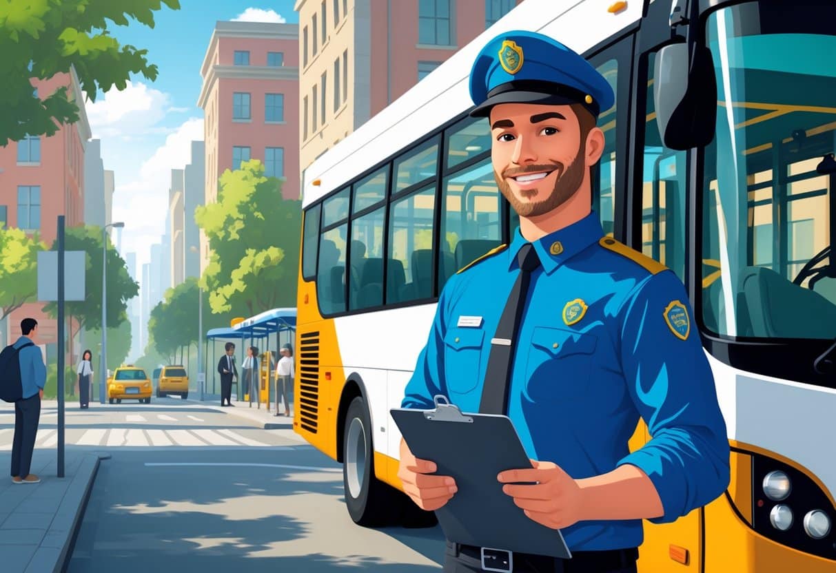 17 Bus Driver Resume Examples & Guide for 2025: Expert Tips for a Winning Application 1 A bus driver standing next to a city bus with passengers waiting at a bus stop in an urban street.