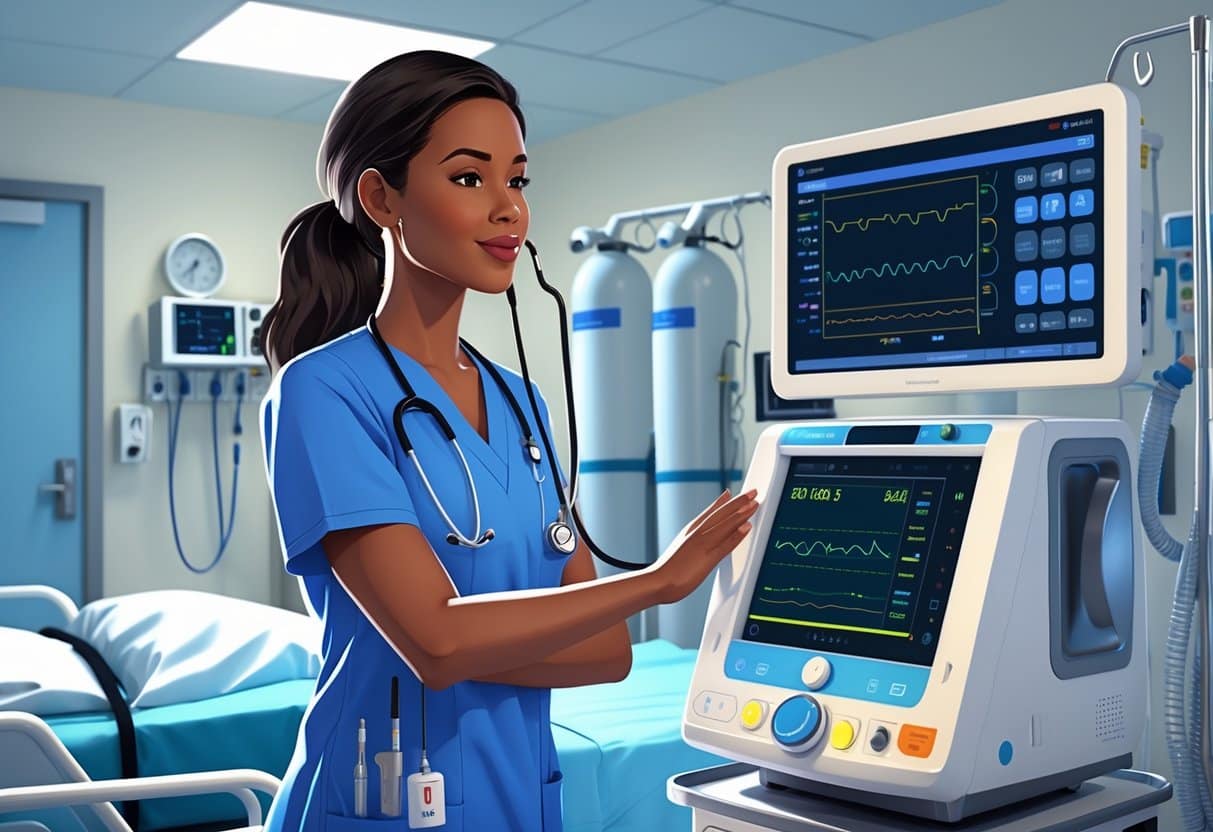 13 Respiratory Therapist Resume Examples & Guide for 2025 to Enhance Your Job Search 2 A respiratory therapist monitoring a ventilator machine in a hospital room with medical equipment and a patient bed.