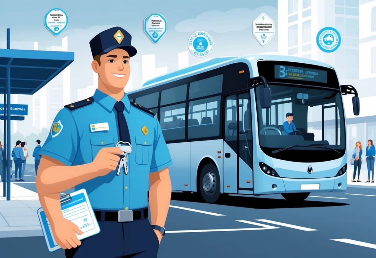 17 Bus Driver Resume Examples & Guide for 2025: Expert Tips for a Winning Application 2 A bus driver in uniform standing next to a city bus with icons representing licenses and certifications floating around them.
