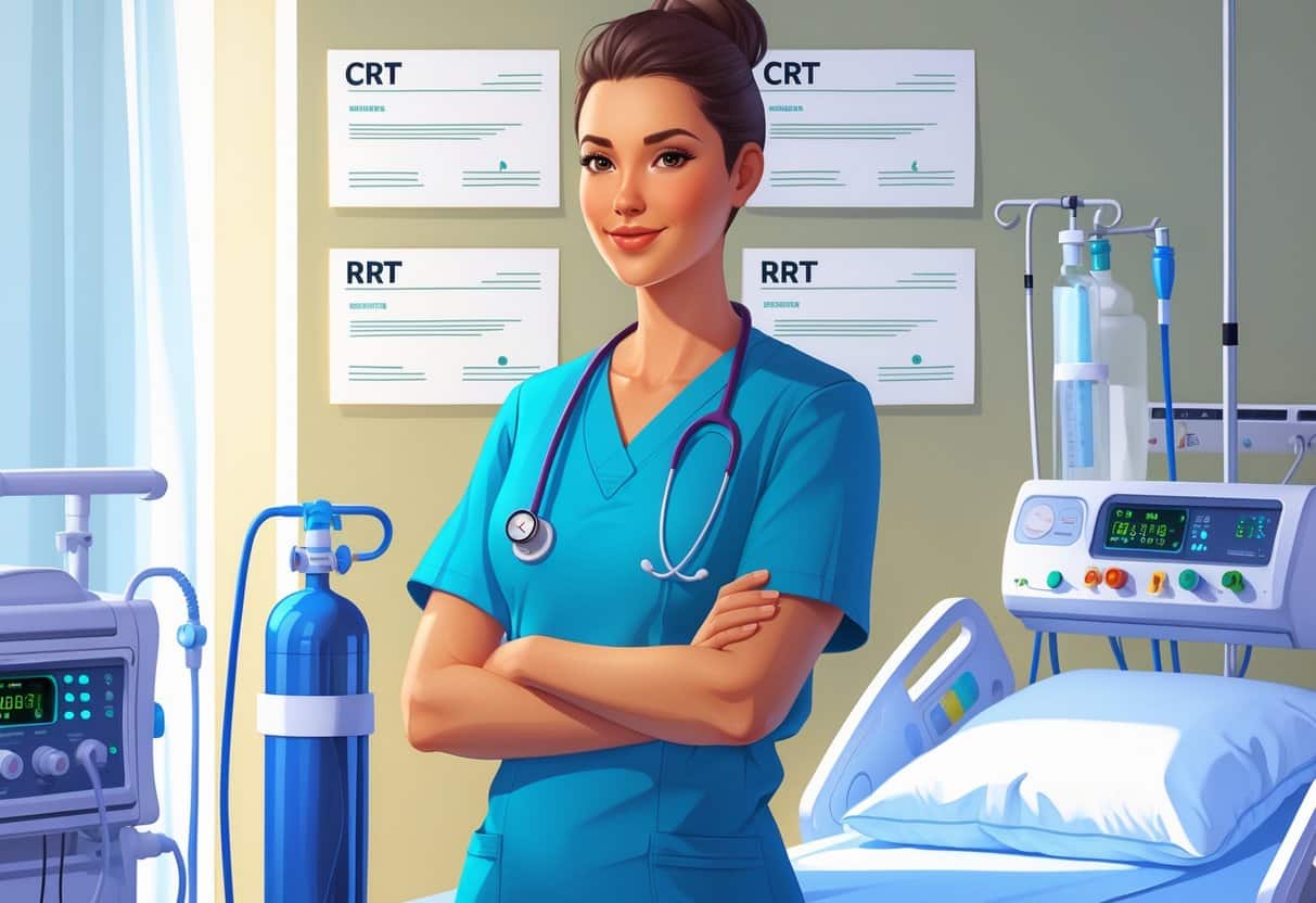 13 Respiratory Therapist Resume Examples & Guide for 2025 to Enhance Your Job Search 3 A respiratory therapist standing in a hospital room with respiratory equipment and framed certificates on the wall.