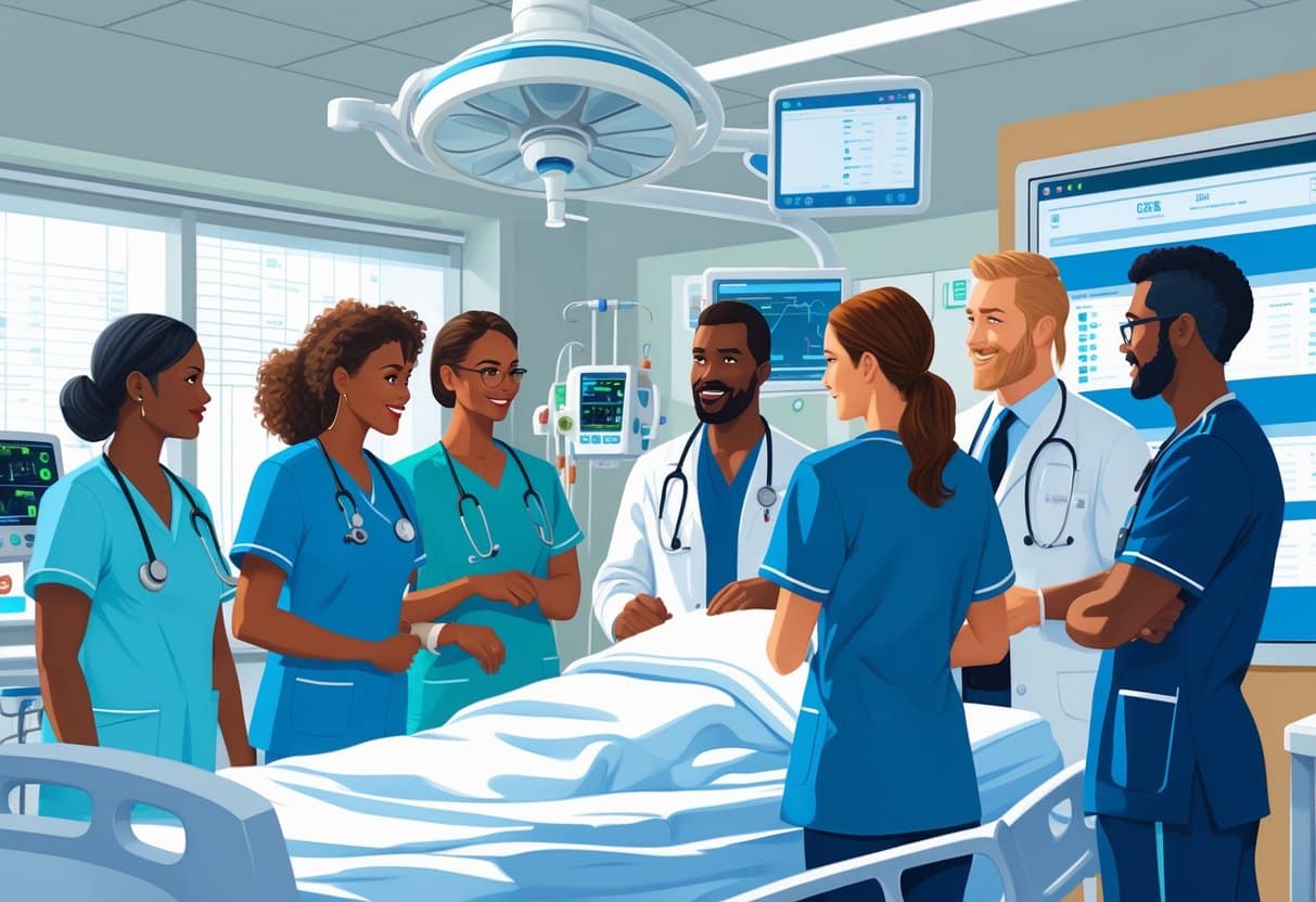 13 Respiratory Therapist Resume Examples & Guide for 2025 to Enhance Your Job Search 4 Healthcare professionals collaborating around a patient's bedside in a hospital room.
