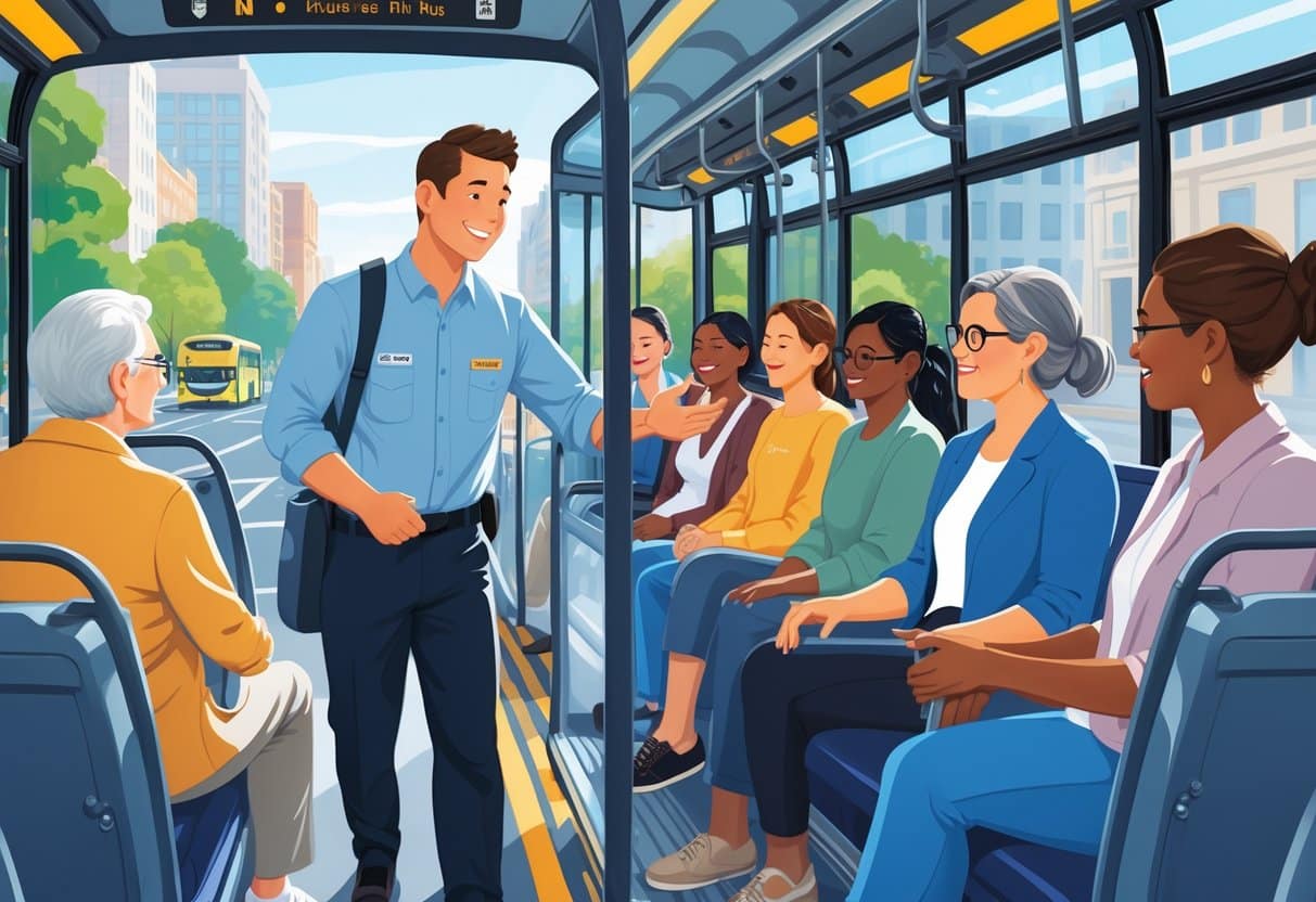 17 Bus Driver Resume Examples & Guide for 2025: Expert Tips for a Winning Application 4 A bus driver helping an elderly passenger board a city bus while other passengers sit inside.