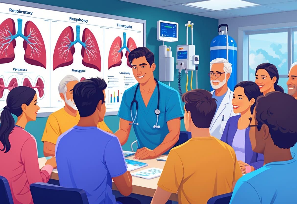 13 Respiratory Therapist Resume Examples & Guide for 2025 to Enhance Your Job Search 5 A respiratory therapist explains breathing techniques to patients in a hospital room, with medical equipment and lung charts visible.
