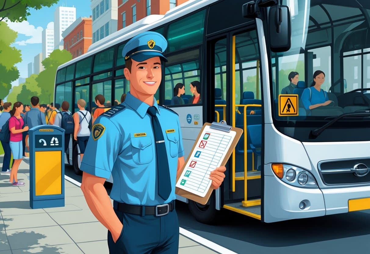 17 Bus Driver Resume Examples & Guide for 2025: Expert Tips for a Winning Application 5 A bus driver standing next to a city bus with passengers boarding, holding a clipboard and safety checklist.