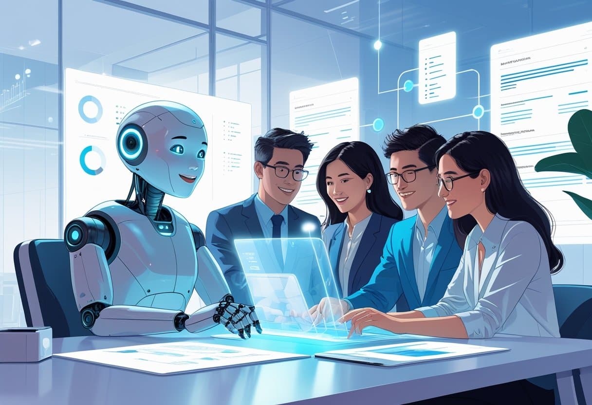 A robot assistant helping a group of young professionals create resumes using holographic screens in a modern office setting.
