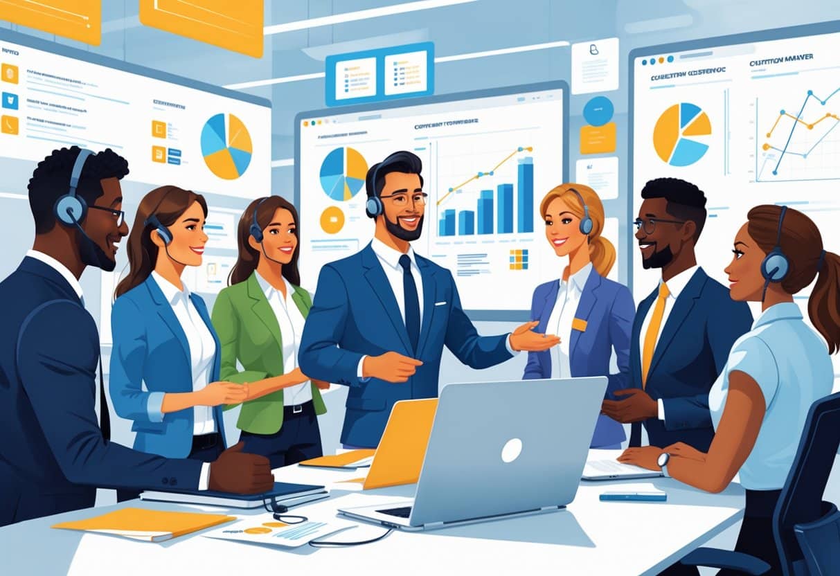 A Customer Service Manager interacting with a diverse team in a modern office setting, surrounded by laptops, paperwork, and charts.