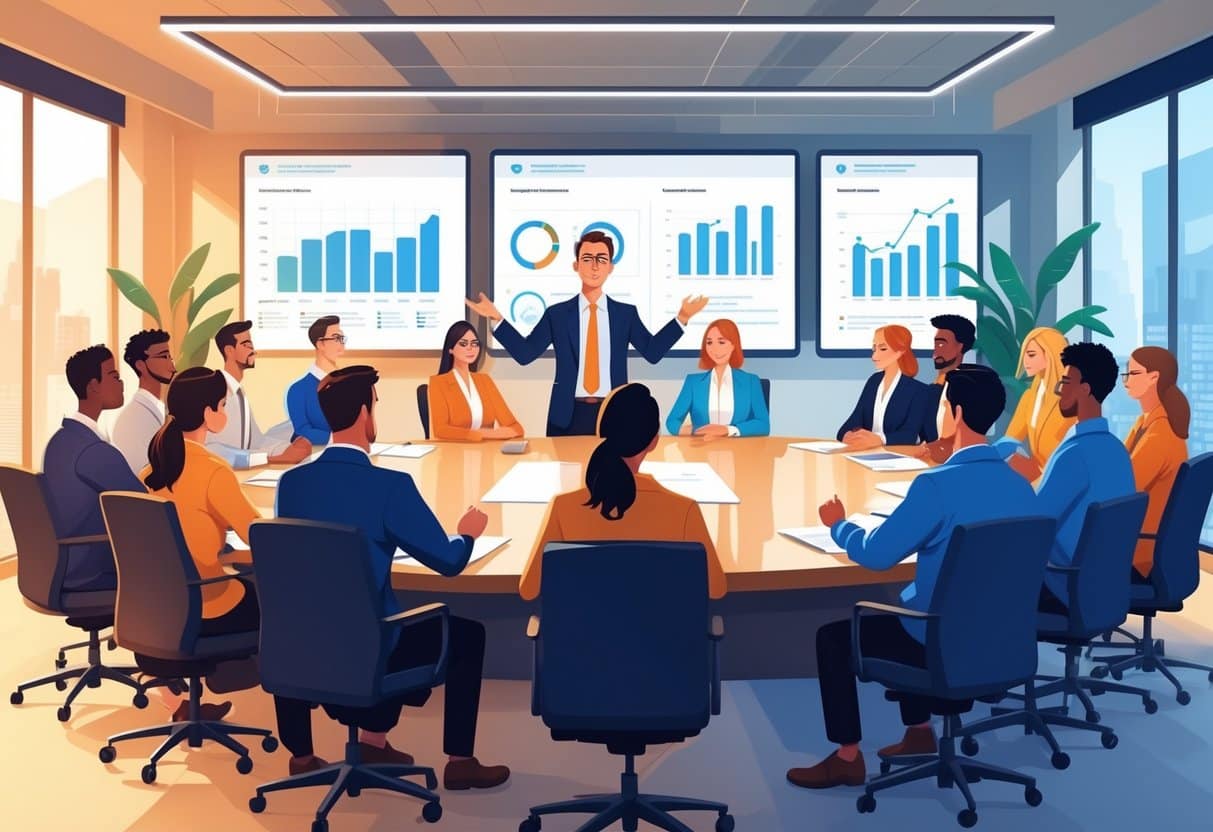 A team leader coaching ten customer service managers around a conference table in an office setting.