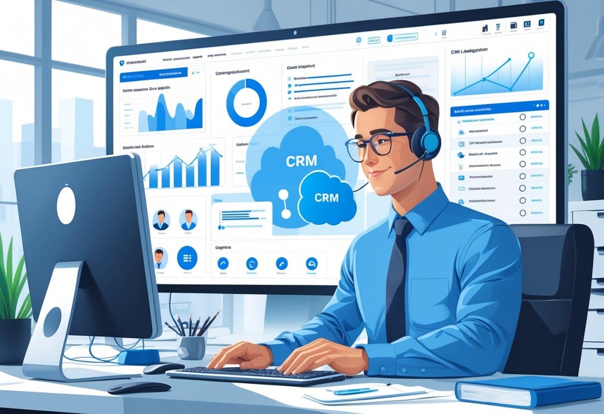 A customer service manager working at a desk with a digital interface showing CRM software features and data.