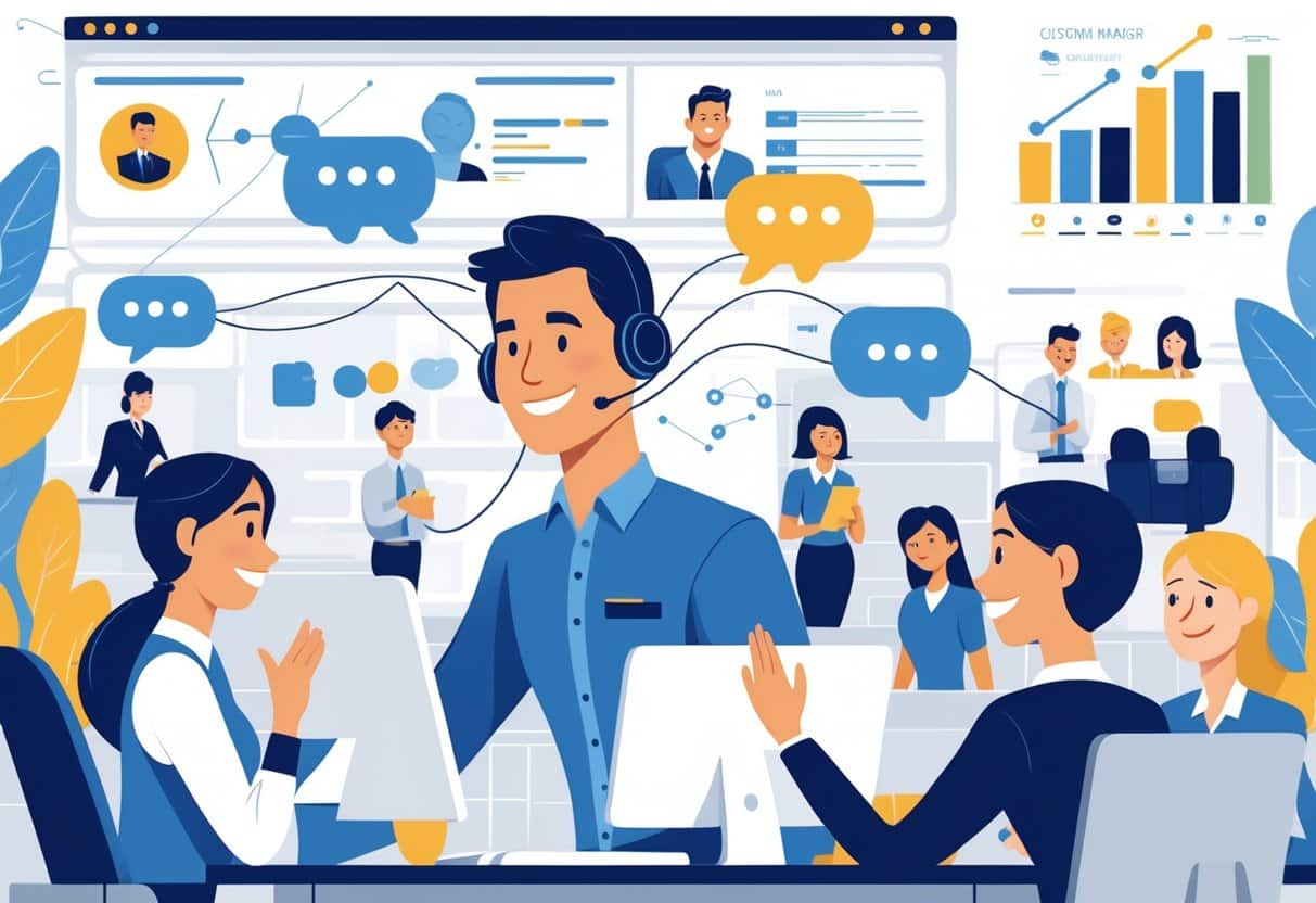 A customer service manager talking with team members and customers in an office, showing effective communication and teamwork.