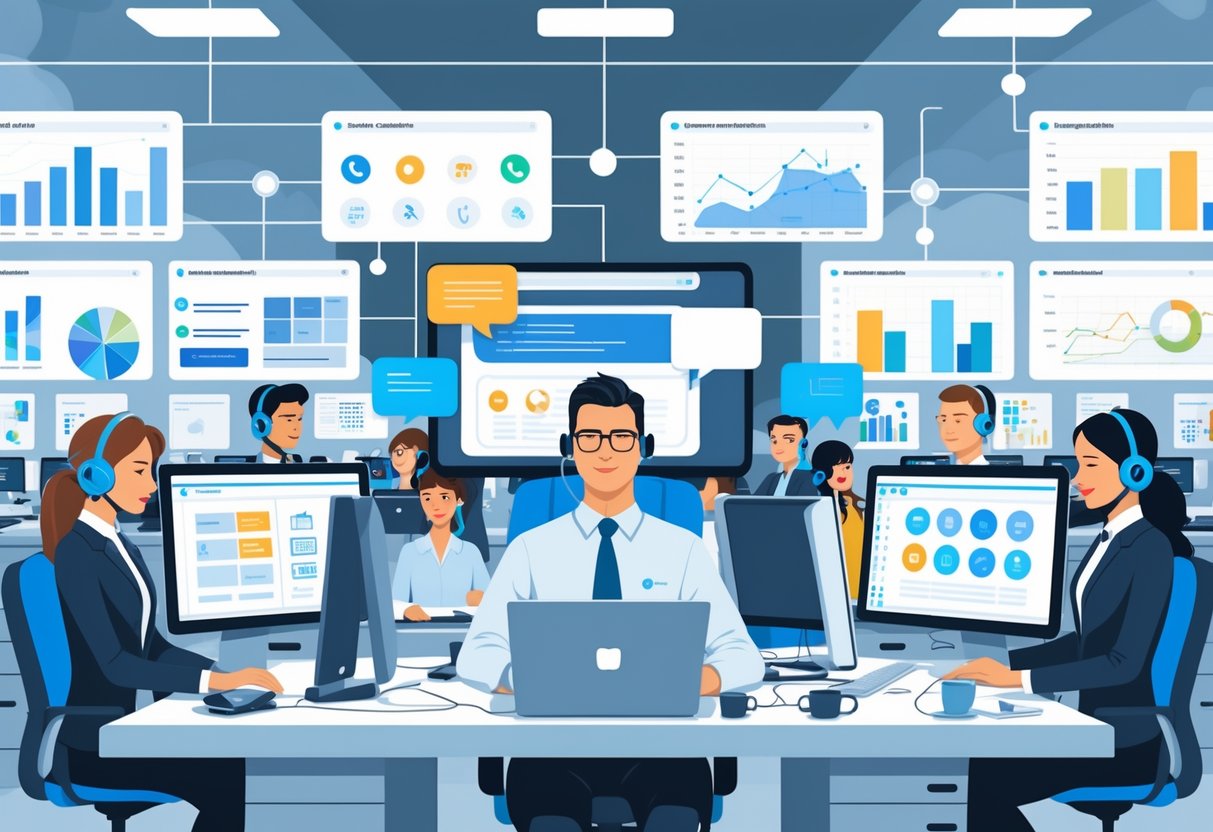 A customer service manager and team working with multiple communication devices in a modern office setting.