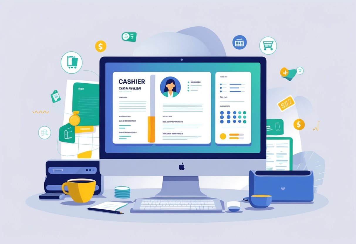 10 Cashier Resume Examples & Guide for 2025: Templates and Tips for Success 1 A workspace with a laptop showing a resume template, a notepad, coffee cup, and icons related to cashier skills like a cash register and shopping cart.