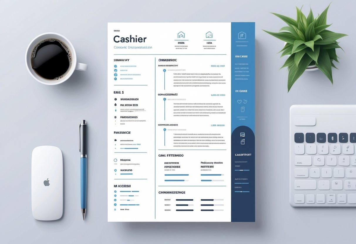 10 Cashier Resume Examples & Guide for 2025: Templates and Tips for Success 2 A professional resume layout with organized sections and icons for a cashier job, displayed on a clean background with a pen and keyboard nearby.