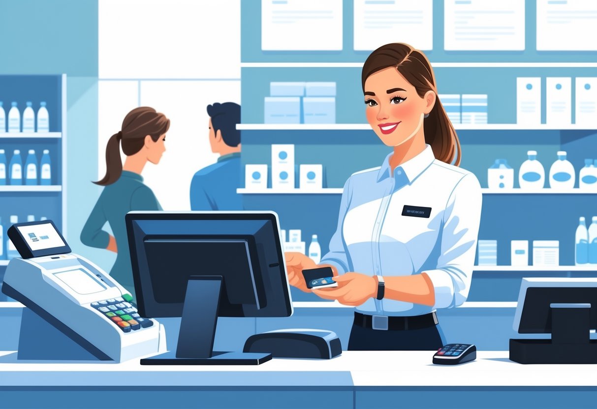 10 Cashier Resume Examples & Guide for 2025: Templates and Tips for Success 4 A cashier smiling behind a checkout counter in a retail store with customers waiting and shelves stocked with products.