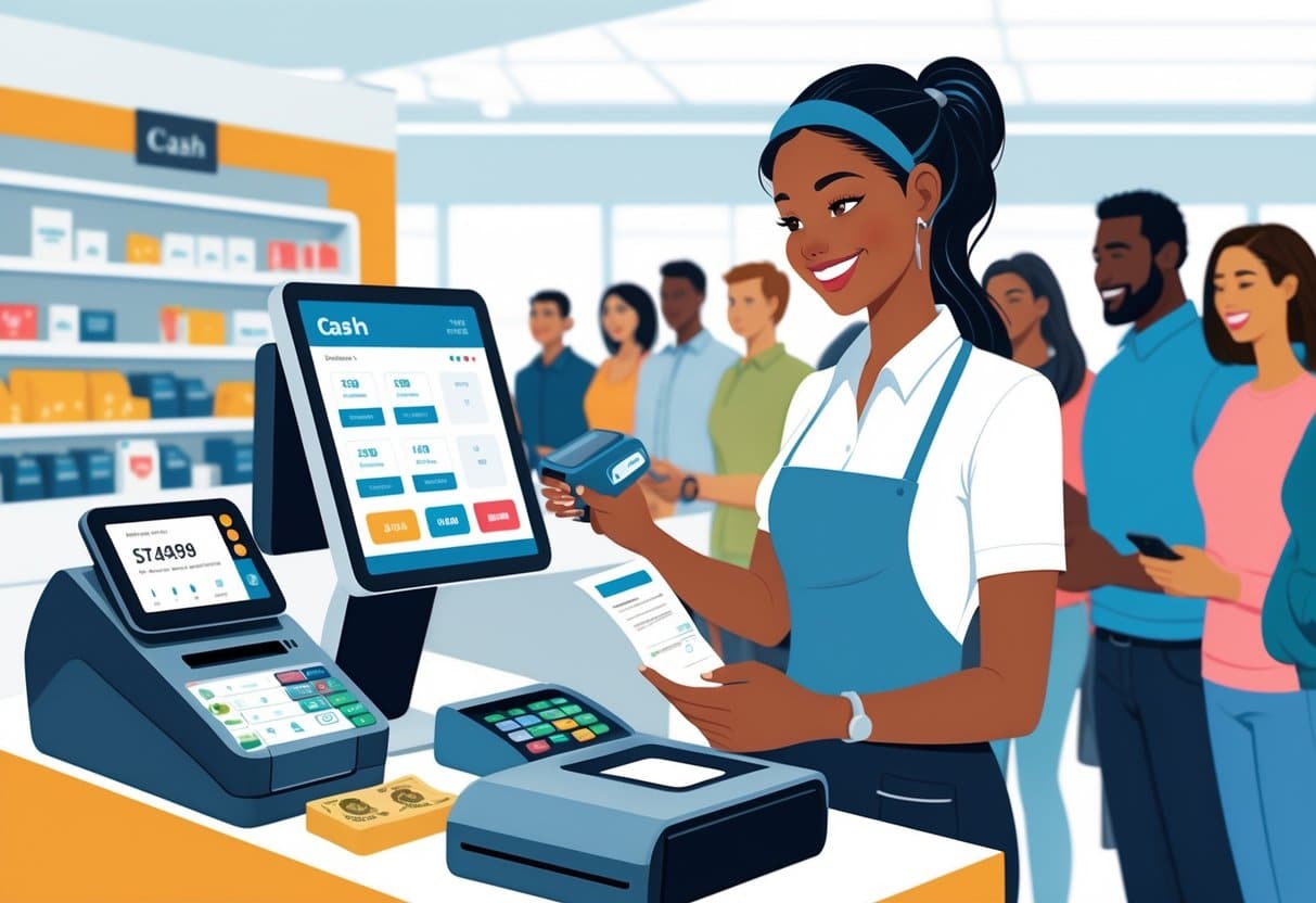 10 Cashier Resume Examples & Guide for 2025: Templates and Tips for Success 5 A cashier efficiently operating a POS terminal while assisting customers in a busy retail checkout area.