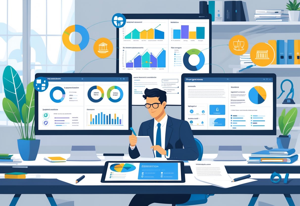 A data analyst at a desk reviewing colorful data visualizations on multiple monitors with a resume layout on a tablet in a bright office setting.