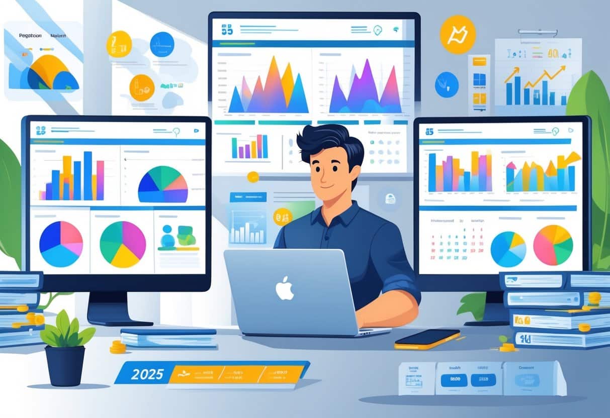 A data analyst working at a desk with multiple screens showing colorful charts and graphs in a modern office setting.