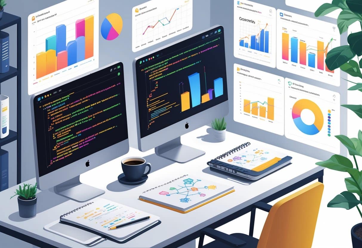 A modern workspace with dual monitors showing SQL queries and Python code alongside data charts, a notebook, and a coffee cup.