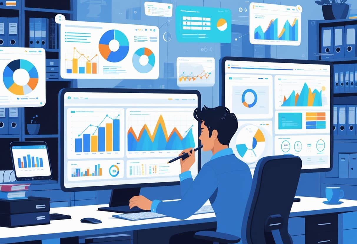A data analyst working at a desk with multiple monitors showing various charts and data visualizations, surrounded by floating holographic data panels representing different data sources.