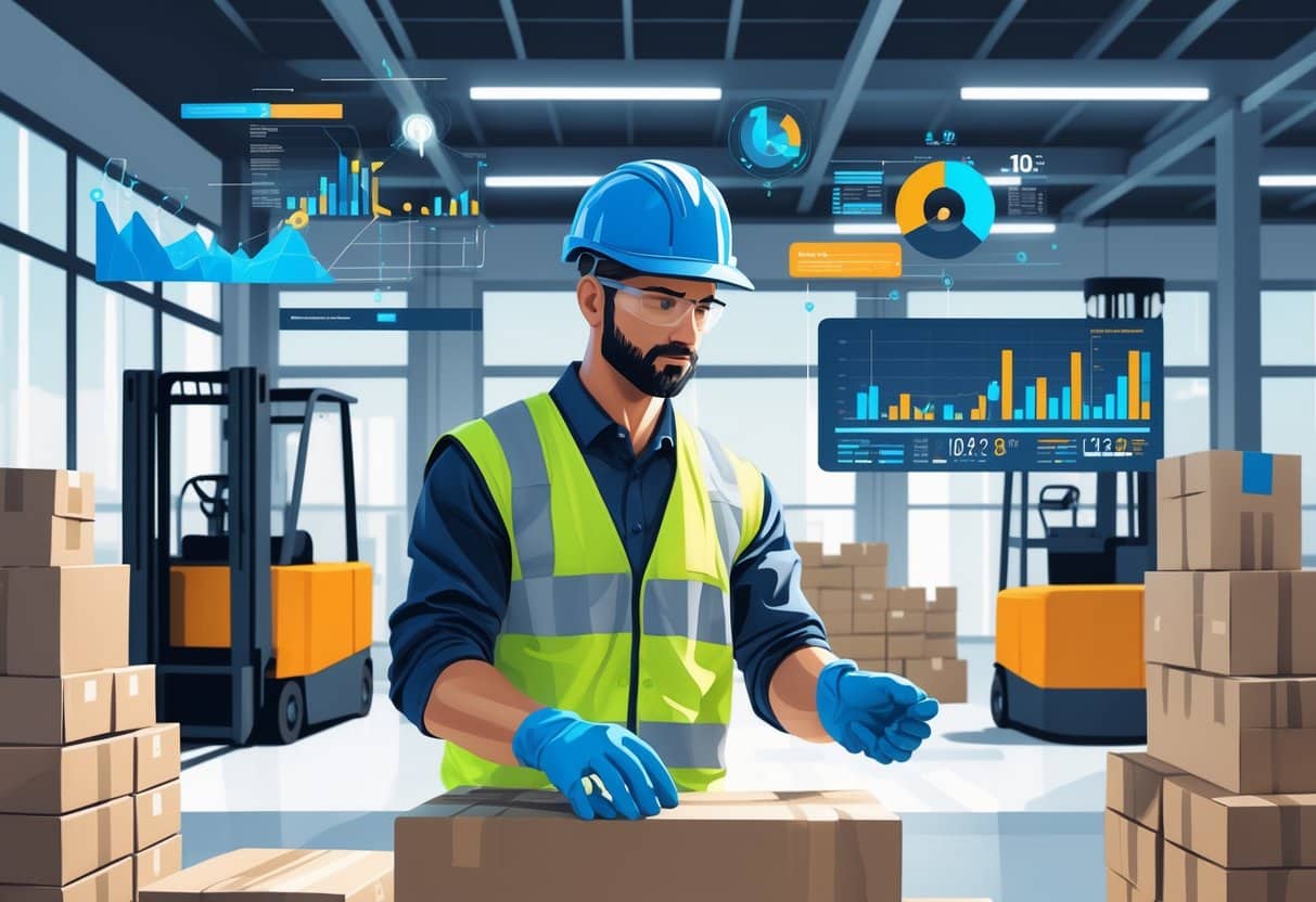 10 Warehouse Worker Resume Examples & Guide for 2025: Expert Tips to Land Your Next Job 4 A warehouse worker wearing safety gear handling packages in an organized warehouse with pallets and forklifts, surrounded by floating charts and performance data.