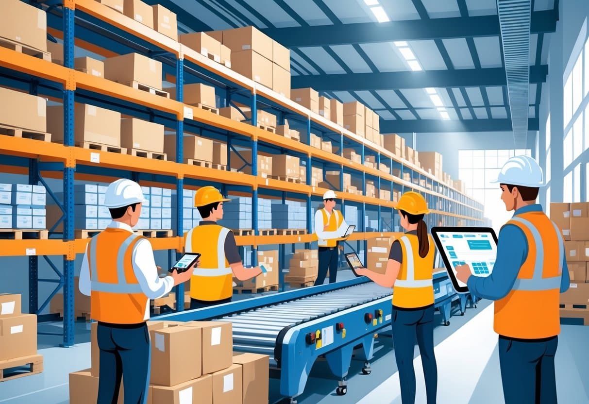 10 Warehouse Worker Resume Examples & Guide for 2025: Expert Tips to Land Your Next Job 5 Warehouse workers managing inventory with shelves of boxes, scanners, and digital devices in a busy warehouse.