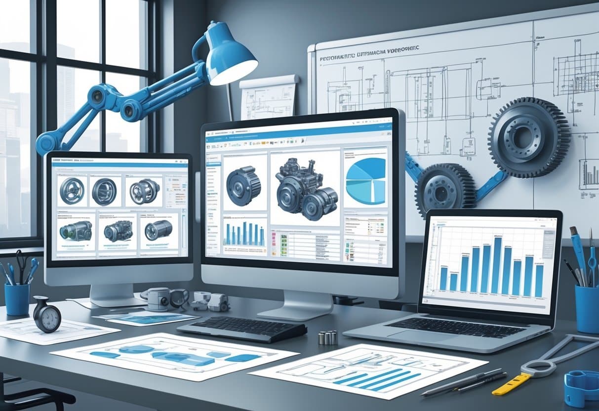 6 Mechanical Design Engineer Resume Examples & Guide for a Successful Application 2 A Mechanical Design Engineer's workspace with computer screens showing 3D mechanical models, blueprints, engineering tools, and a whiteboard with technical schematics.