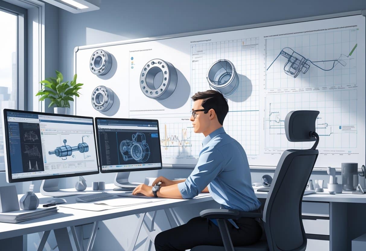 6 Mechanical Design Engineer Resume Examples & Guide for a Successful Application 3 A mechanical design engineer working at a desk with multiple computer screens showing 3D models and engineering diagrams in a modern office.