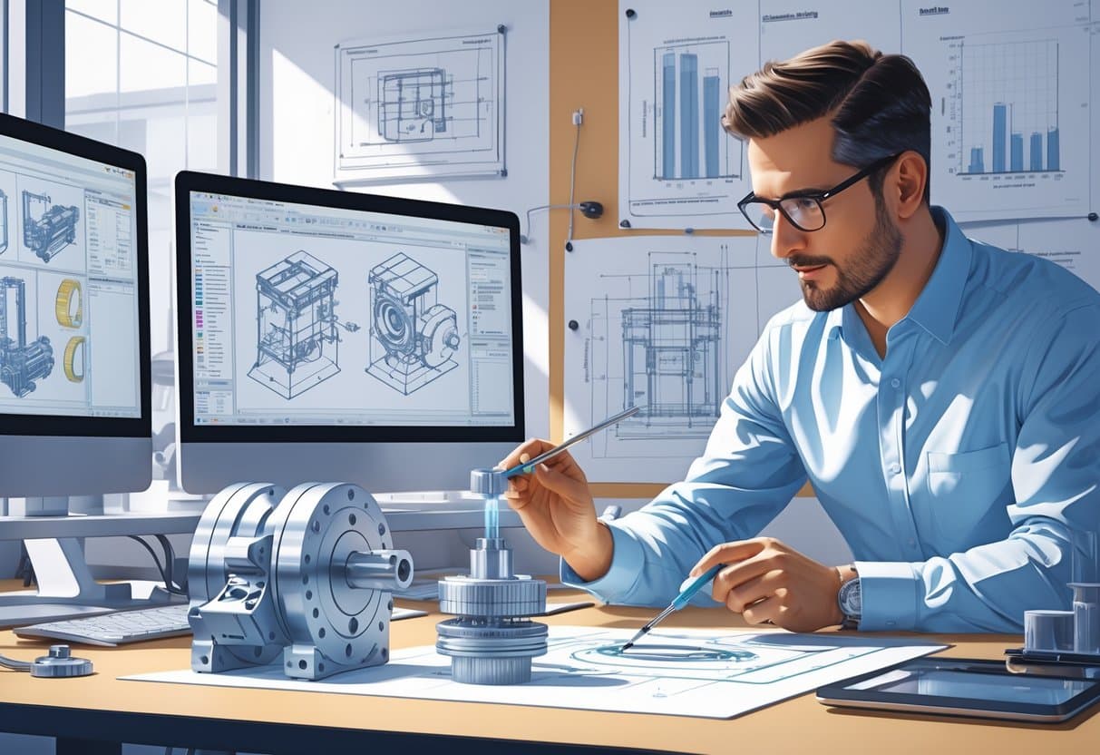 6 Mechanical Design Engineer Resume Examples & Guide for a Successful Application 4 A mechanical design engineer working at a desk with blueprints, 3D models on computer screens, and a physical mechanical prototype, surrounded by engineering tools and technical drawings.