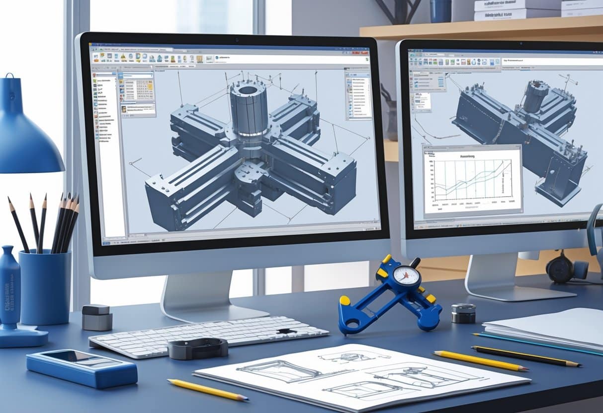 6 Mechanical Design Engineer Resume Examples & Guide for a Successful Application 5 A mechanical design engineer's workspace with computer screens showing 3D models, engineering tools on the desk, and shelves with reference books and prototypes.
