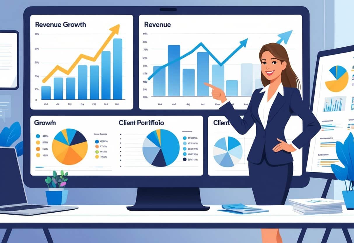 31 Account Manager Resume Examples & Guide for 2025: Stand Out in Today’s Job Market 2 A businesswoman stands next to a digital dashboard showing revenue growth charts in an office setting.