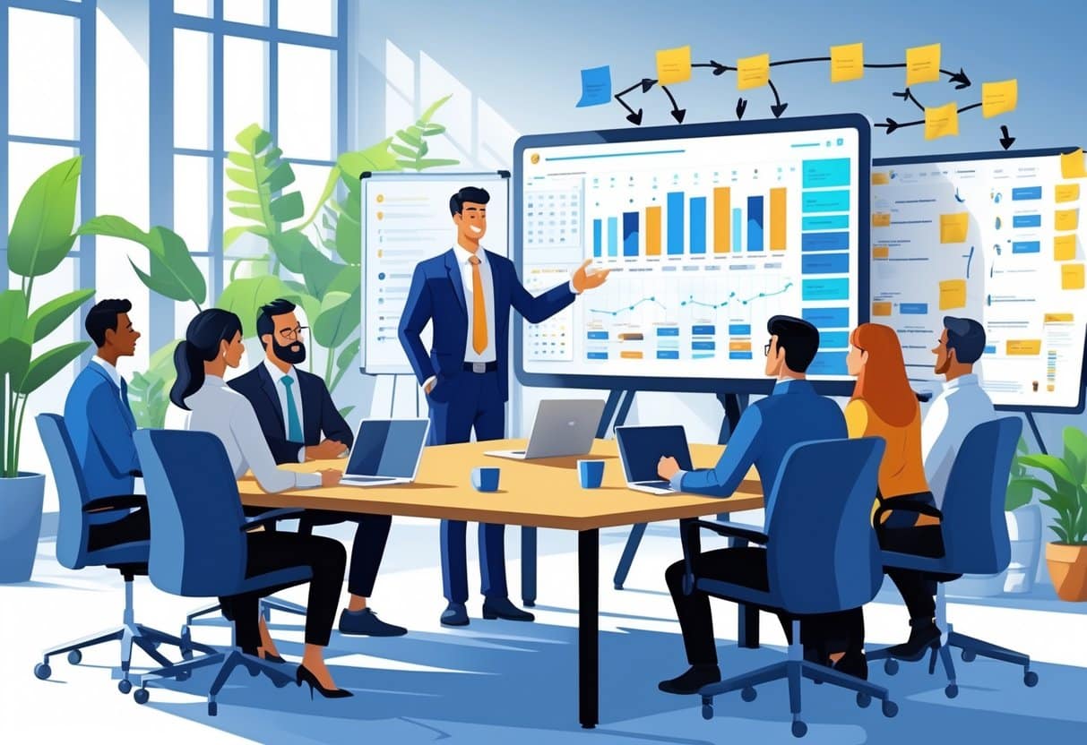 31 Account Manager Resume Examples & Guide for 2025: Stand Out in Today’s Job Market 5 A business professional leading a diverse team in a conference room, collaborating around a table with charts and laptops.