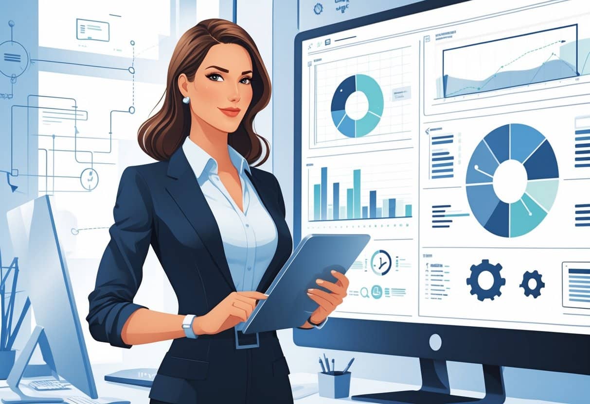 Marissa Mayer's Yahoo CEO Resume Example and Key Leadership Insights 4 A female executive standing in a modern office with digital screens showing data charts and software diagrams, holding a tablet and looking focused.