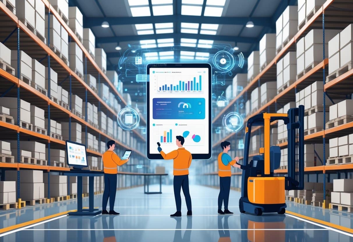 Top Warehouse Skills for Your Resume in 2025: What Employers Want Now 2 A group of warehouse workers using technology and equipment in a large, organized warehouse with shelves, conveyor belts, and robots.