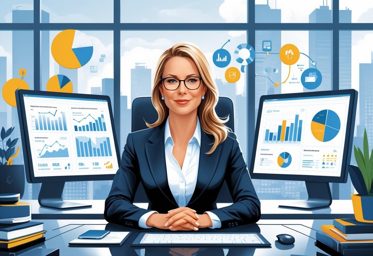 Marissa Mayer's Yahoo CEO Resume Example and Key Leadership Insights 5 A female executive sitting at a desk with digital screens showing charts and graphs in a modern office with a city skyline in the background.