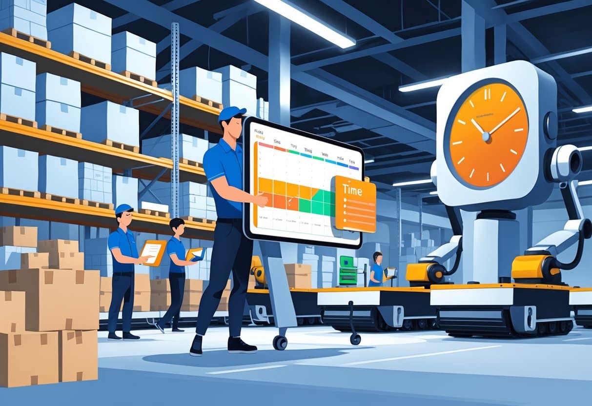 Top Warehouse Skills for Your Resume in 2025: What Employers Want Now 4 A warehouse with workers managing inventory using digital tools, automated machines moving packages, and a manager reviewing a schedule on a tablet.