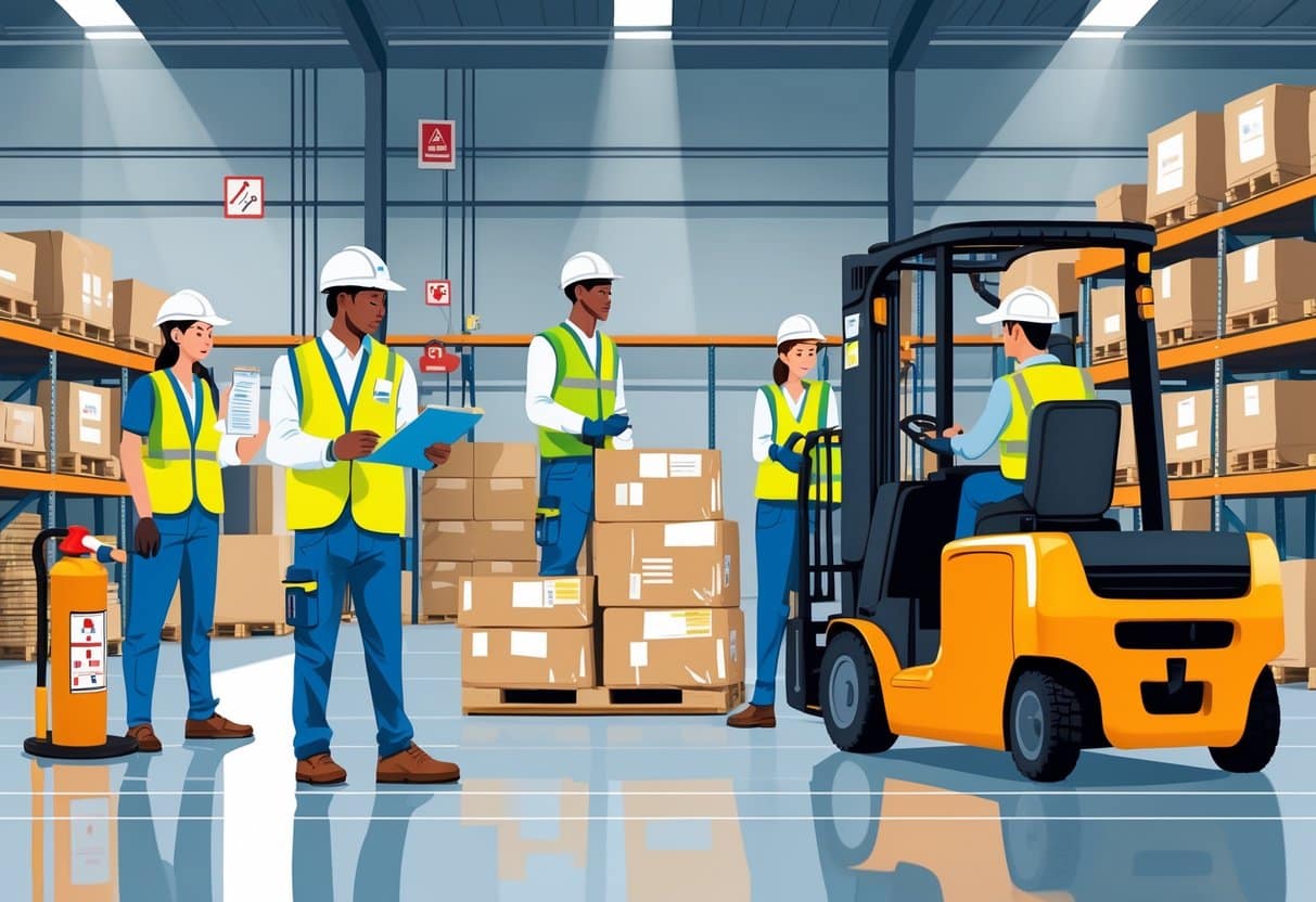 Top Warehouse Skills for Your Resume in 2025: What Employers Want Now 5 Warehouse workers wearing safety gear inspecting pallets and operating equipment in an organized warehouse with visible safety signs.